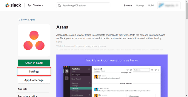 Remove Asan app from Slack
