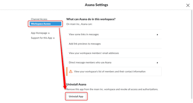 Remove Asan app from Slack